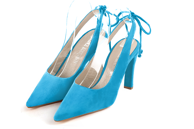 Turquoise blue women's slingback shoes. Pointed toe. High slim heel. Front view - Florence KOOIJMAN